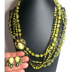 1062 Vintage Selini shades of green 6 strand Necklace clip earrings set 22" long